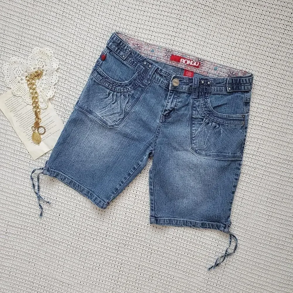 Y2k bongo long inseam denim shorts with ties on the leg